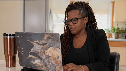 Resa Gooding building her business with AI on her laptop